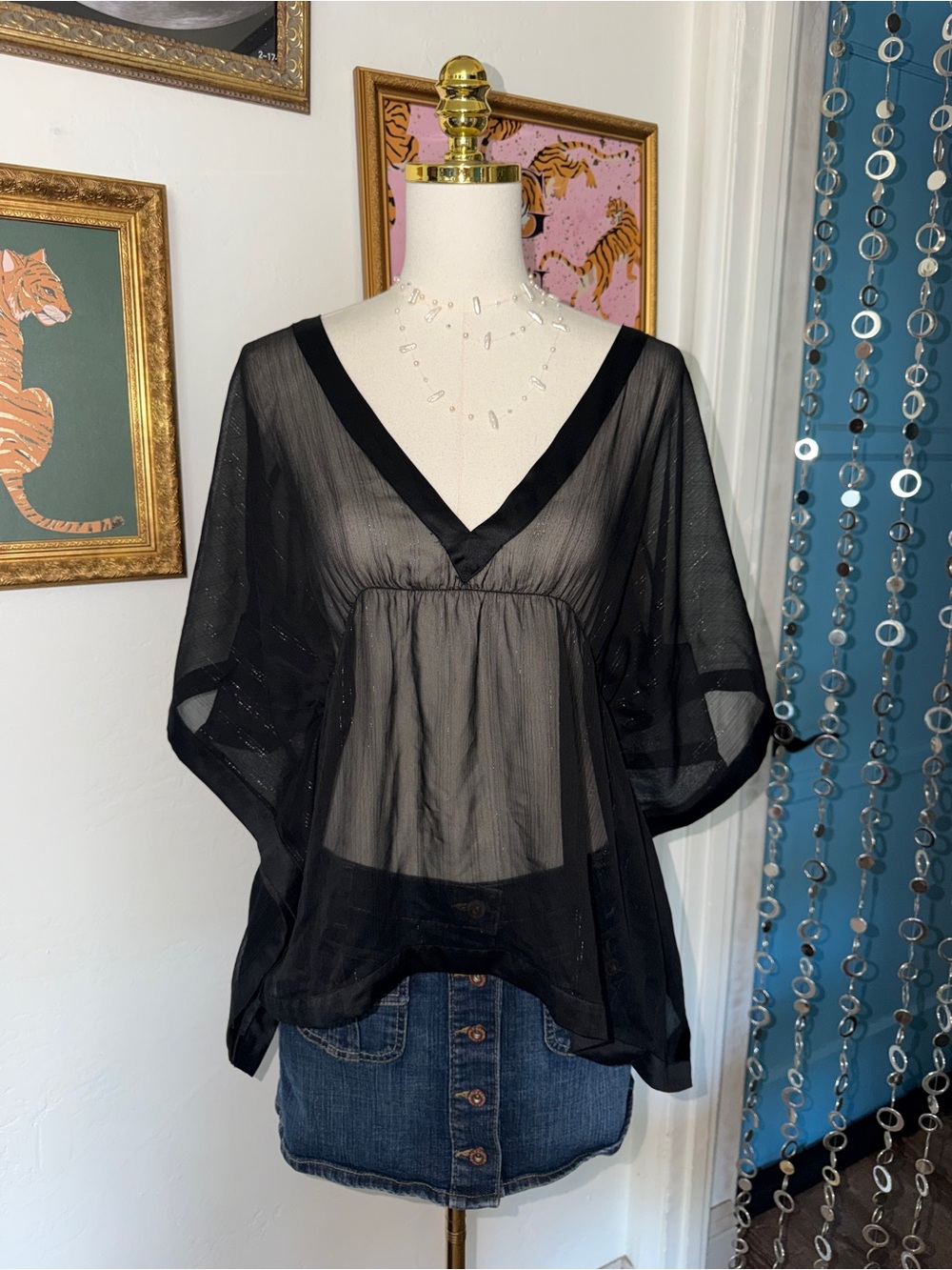 Vintage Y2K Sheer Black V-Neck Women's Top